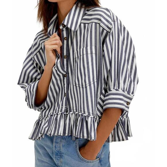 FREE PEOPLE Tops - NEW FREE PEOPLE bailey classic shirt in navy stripe